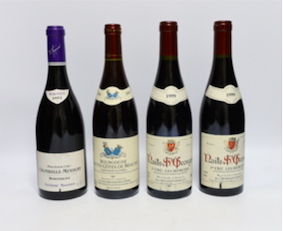 A bottle of 2002 Chambolle Musigny Borniques Frederic Magnien, two bottles of 1999 Nuits St Georges Alain Hudelot Noellat and a bottle of Bourgogne Hautes Cotes De Beaune (4)